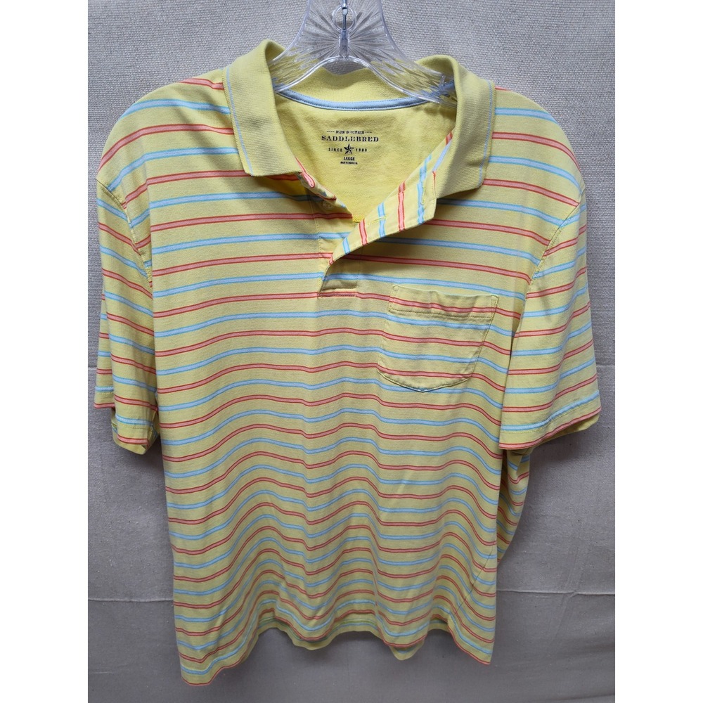 Saddlebred Mens Large Yellow Striped Short Sleeve Pocket Polo Shirt